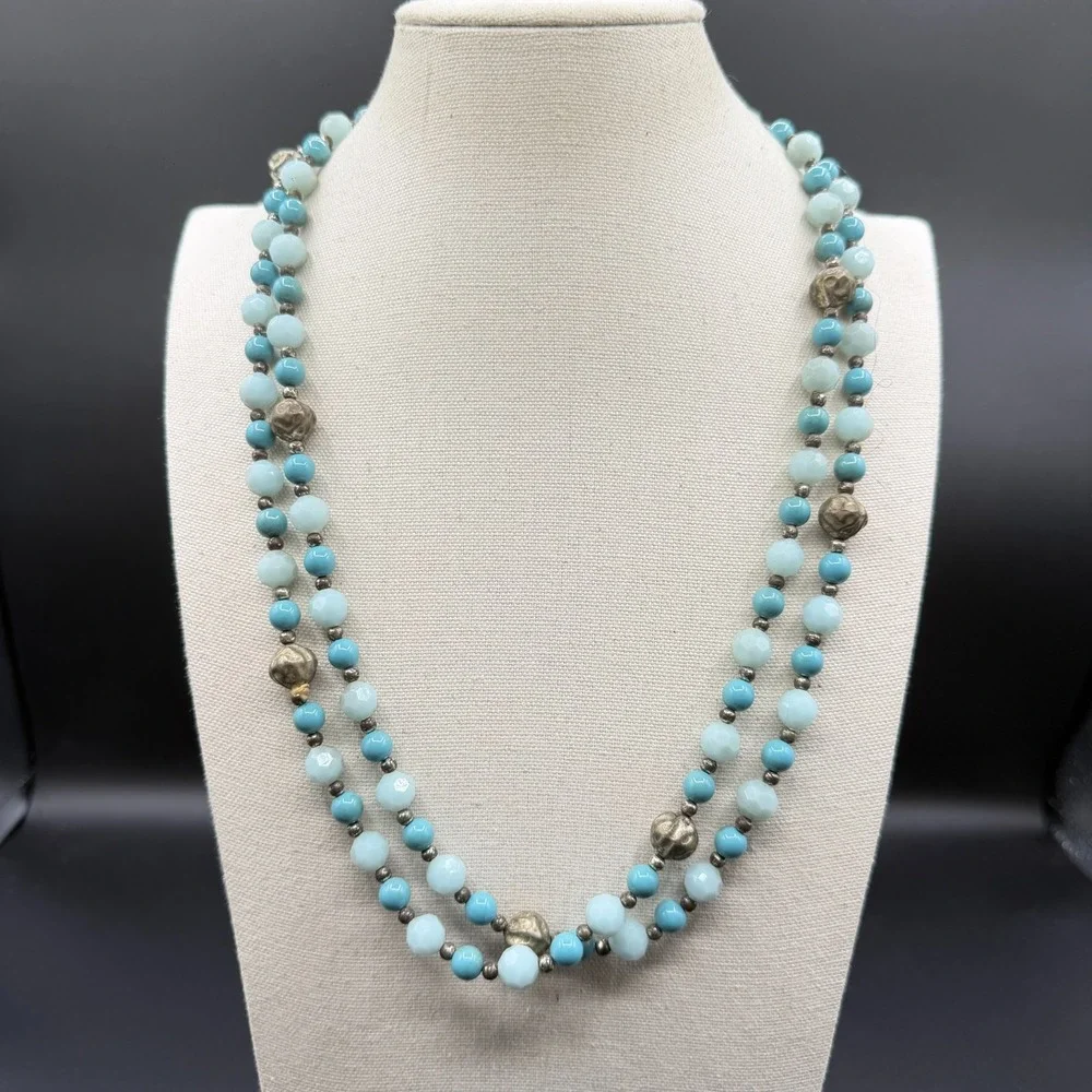 Turquoise & Silver Tone Blue Beaded Double Strand Necklace Faceted Boho Jewelry